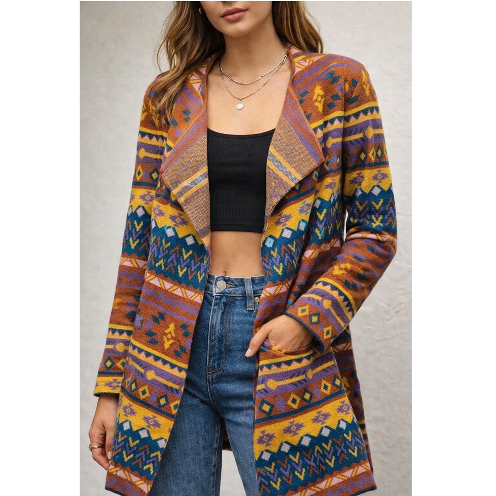 Savanna Jane Women's Longline Open‎ Front Cardigan Aztec Southwestern L